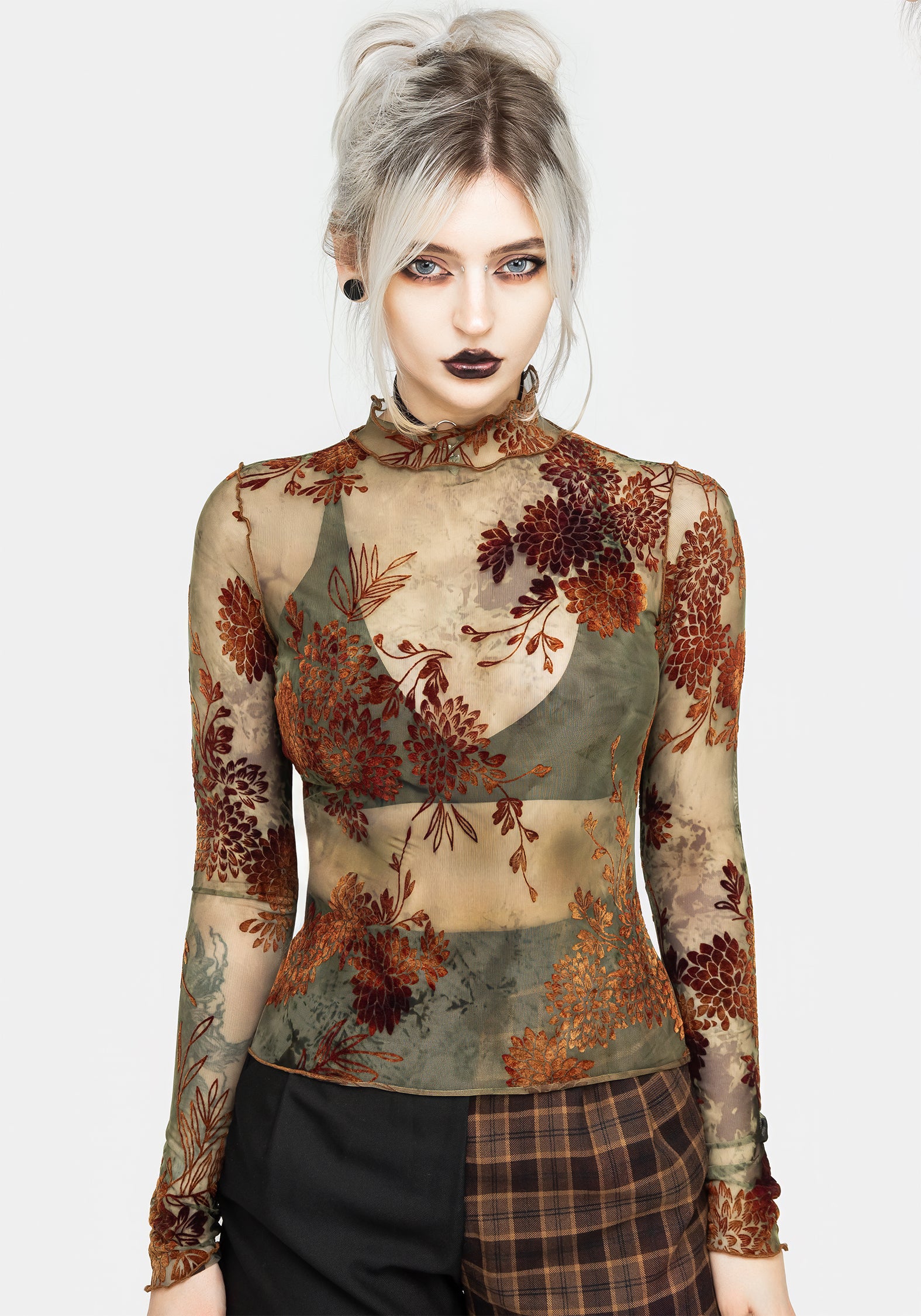 Rosaleigh Flock Velour Mesh Long Sleeve Top Disturbia rosaleigh-flock-velour-mesh-long-sleeve-top-disturbia