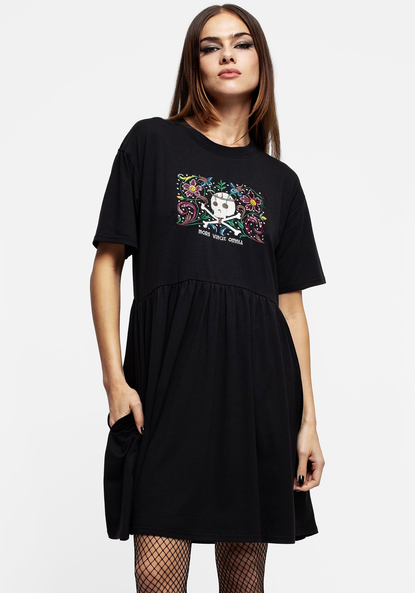 Disturbia | Death Conquers All Floral Skull Embroidered Mini