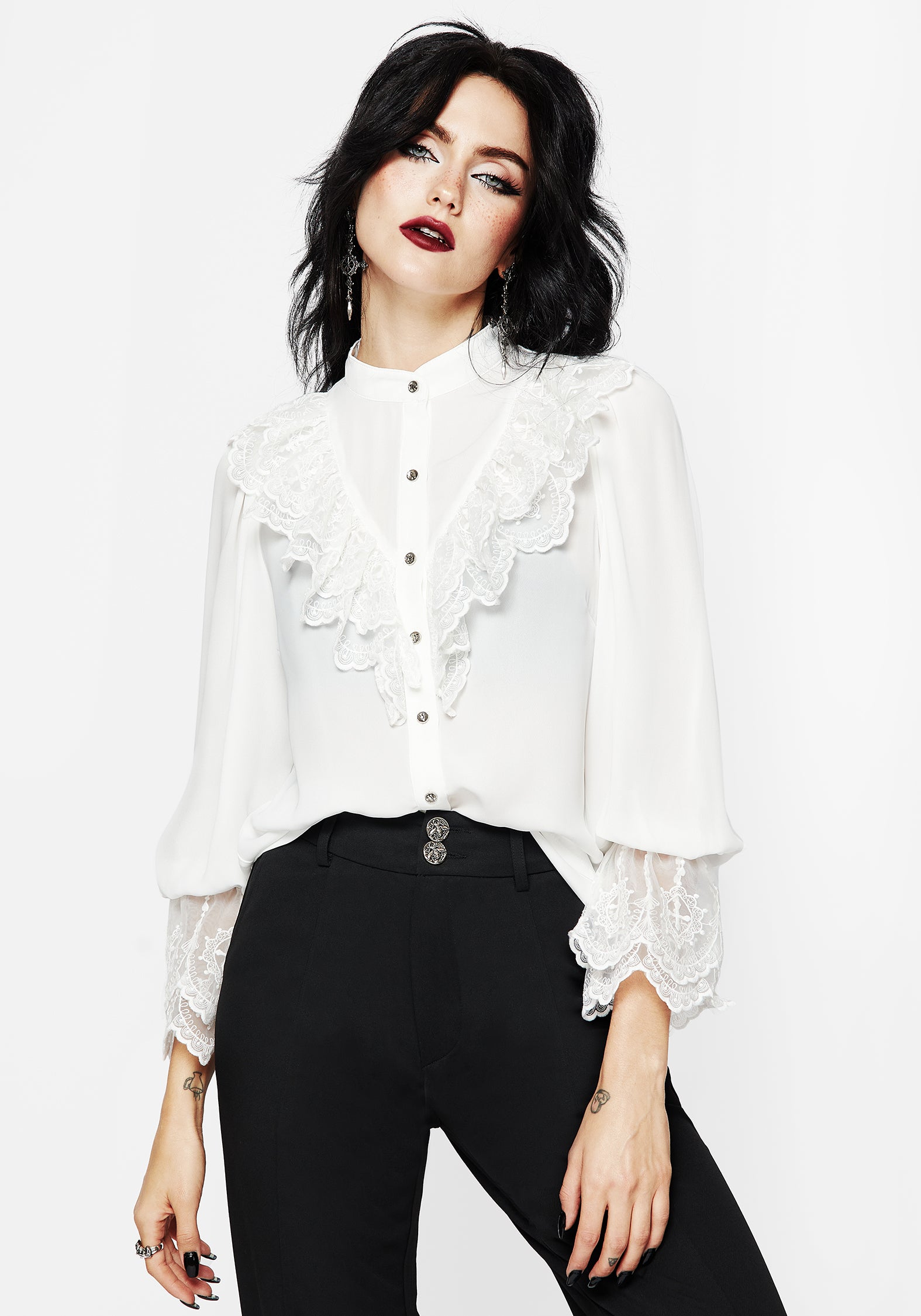 Disturbia | Constance Lace Frill Button Up Blouse Top | Tops