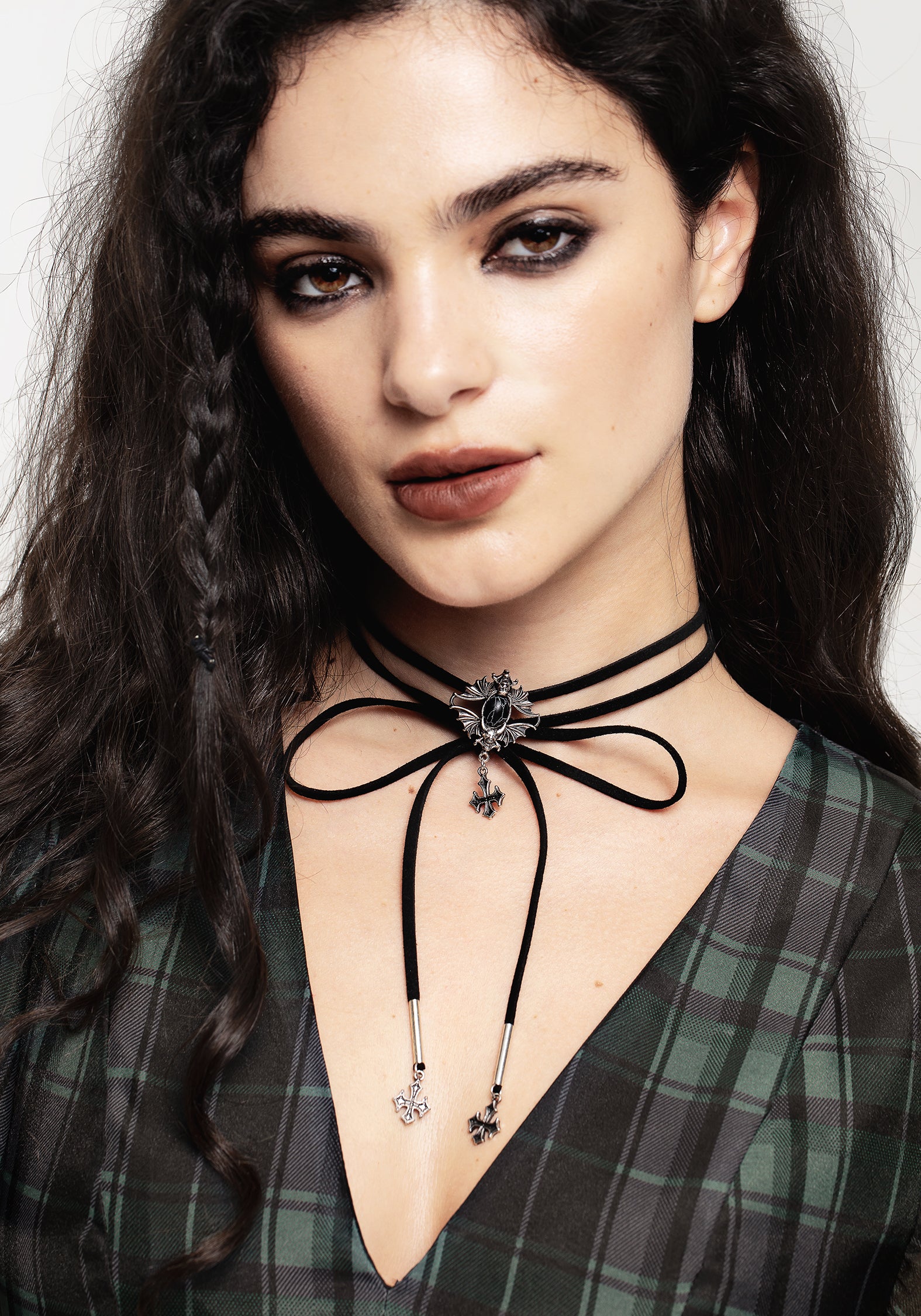 Goth Faux Suede Choker Necklace With Lace-Up Detail & Stud Accents