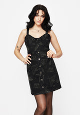 Callopistria Moth Print Denim Mini Apron Dress