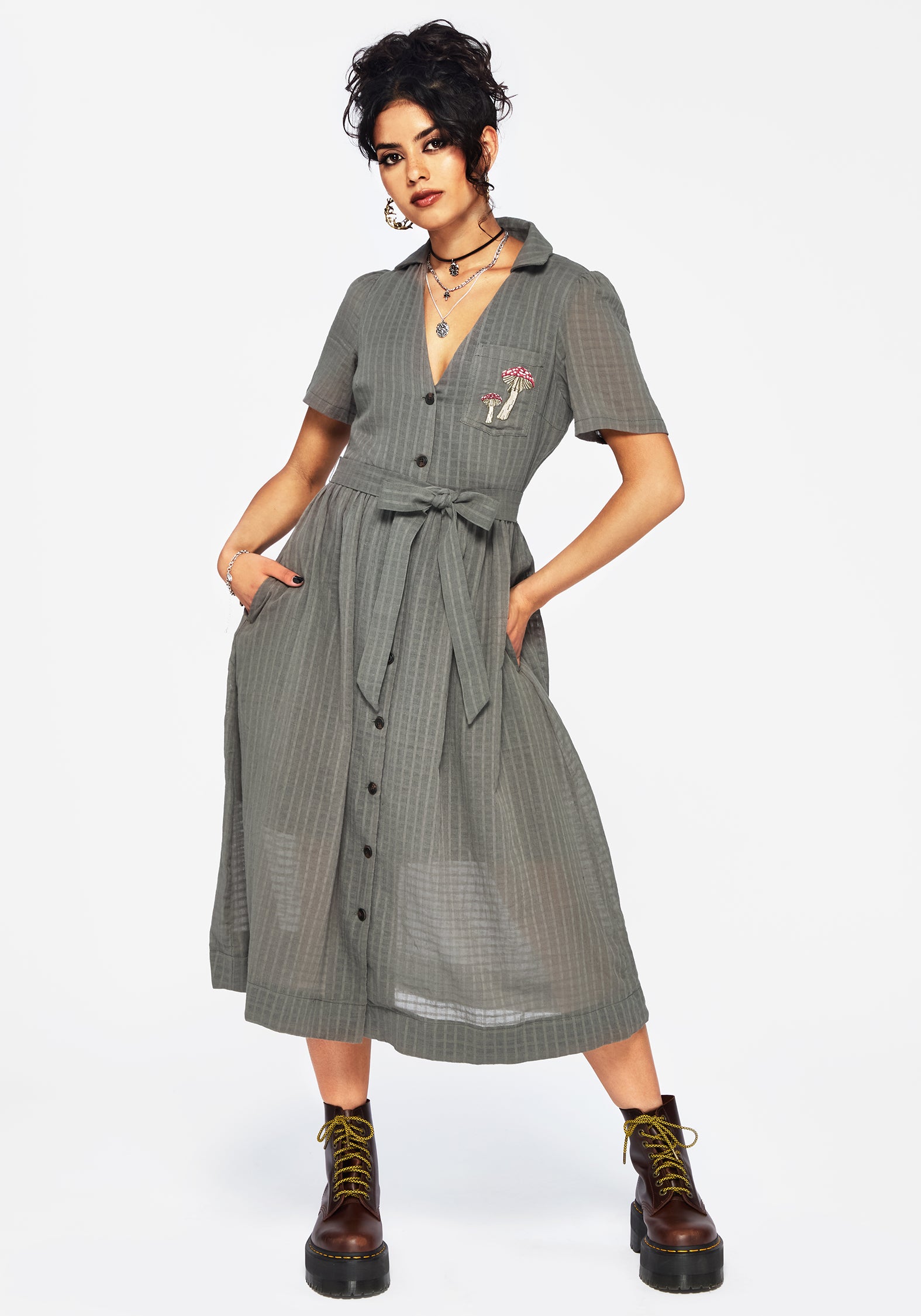 Koax Cotton Check Embroidered Button Up Midi Shirt Dress – Disturbia