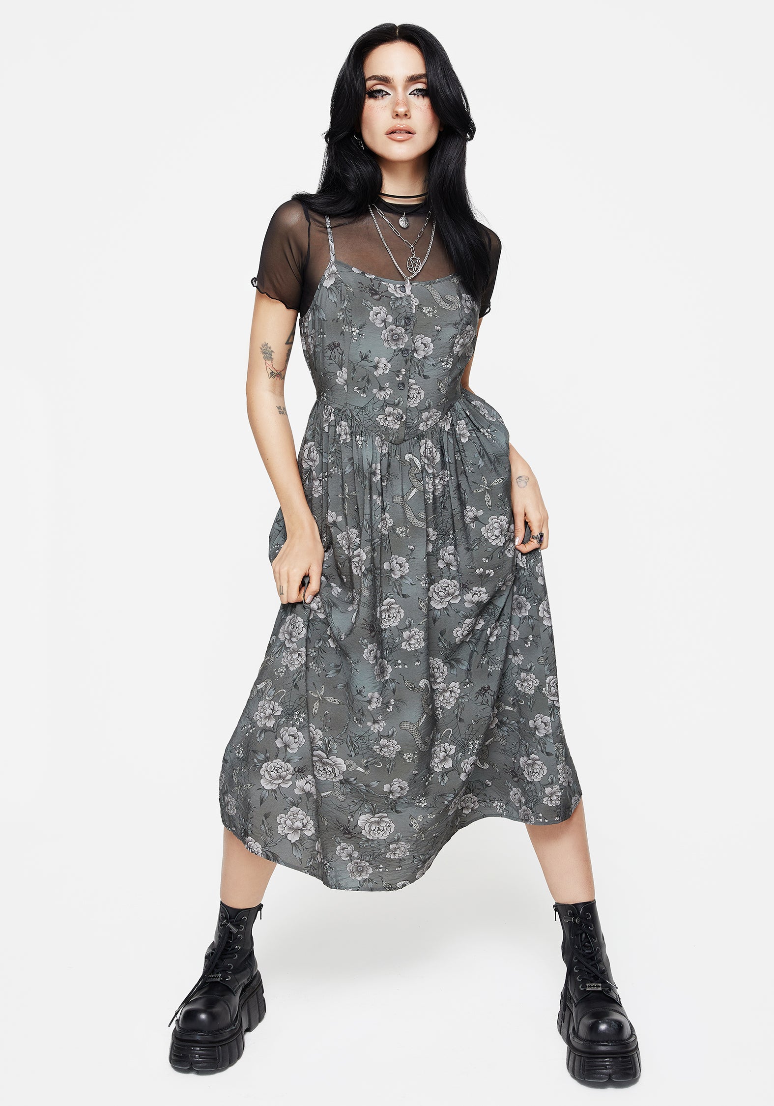 Rosé Muse Pleats floral print dress gray pleats floral print dress