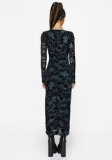 Bryn Floral Flocked Mesh Ruched Long Sleeve Midaxi Dress