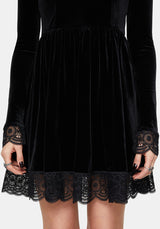 Orbweb Long Sleeve Lace Hem Velour Mini Dress UK 10