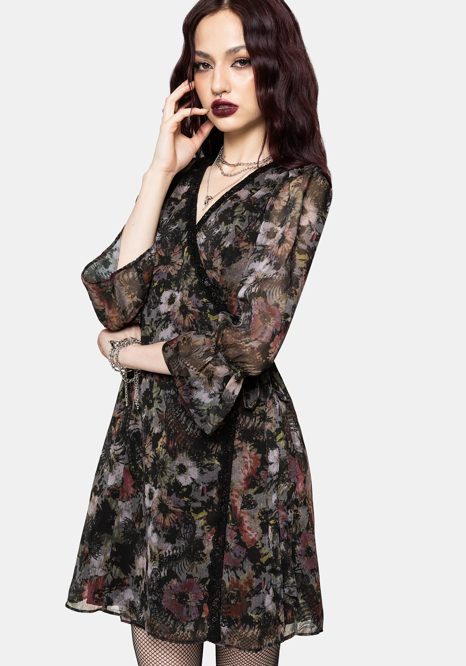Mortua Grunge Floral Print Lace Trim Mini Wrap Dress – Disturbia