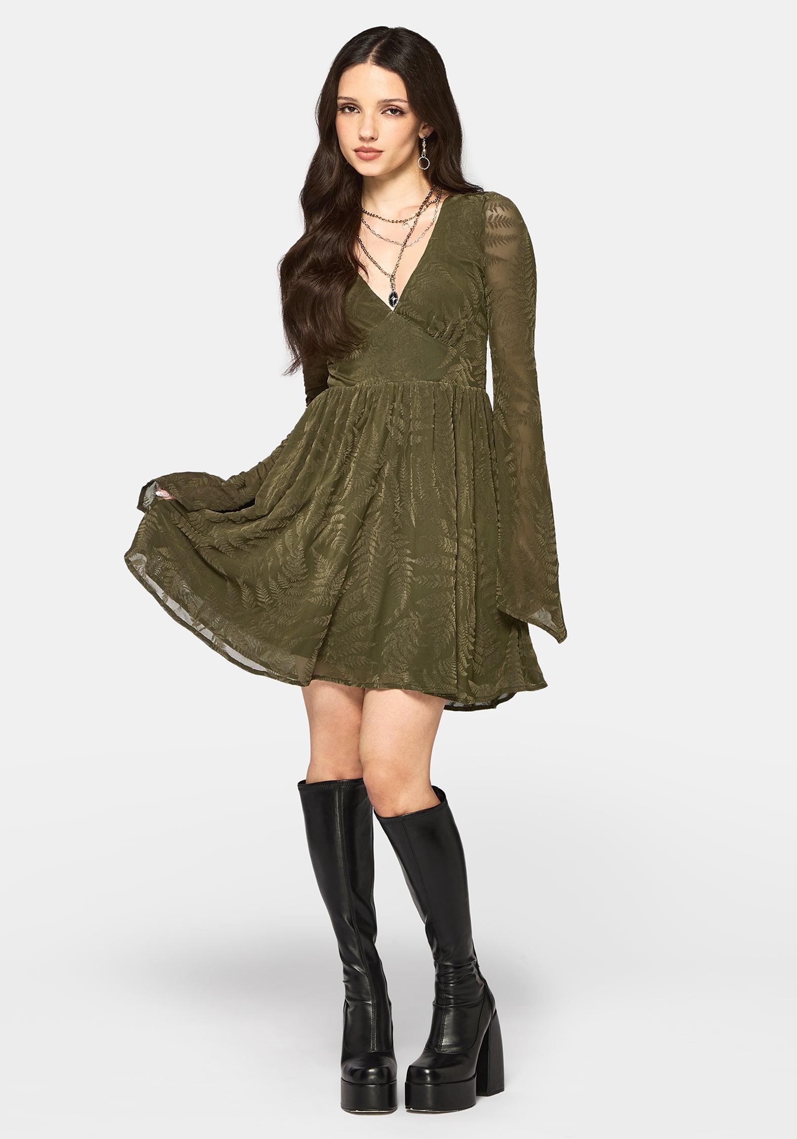 green long sleeve mini dress Lunafern Flocked Fern Flute Sleeve Mini Dress