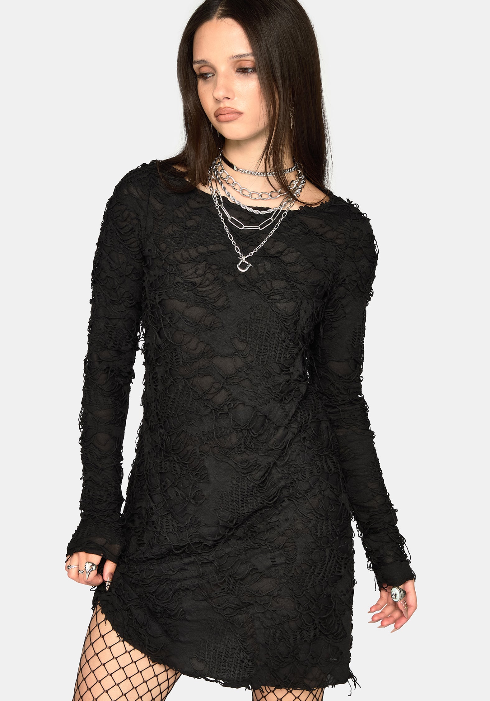 Alden Distressed Long Sleeve Mini Dress – Disturbia