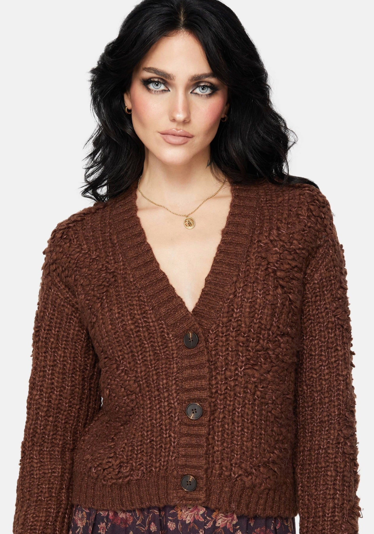 Layered knit cardigan（BROWN） Aubrell Wave V-Neck Knit Cardigan – Disturbia