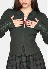 Cybele Embroidered Button Up Ribbed Knit Cardigan - Green