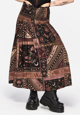 Nola Folk Patchwork Print Shirred Midi Skirt