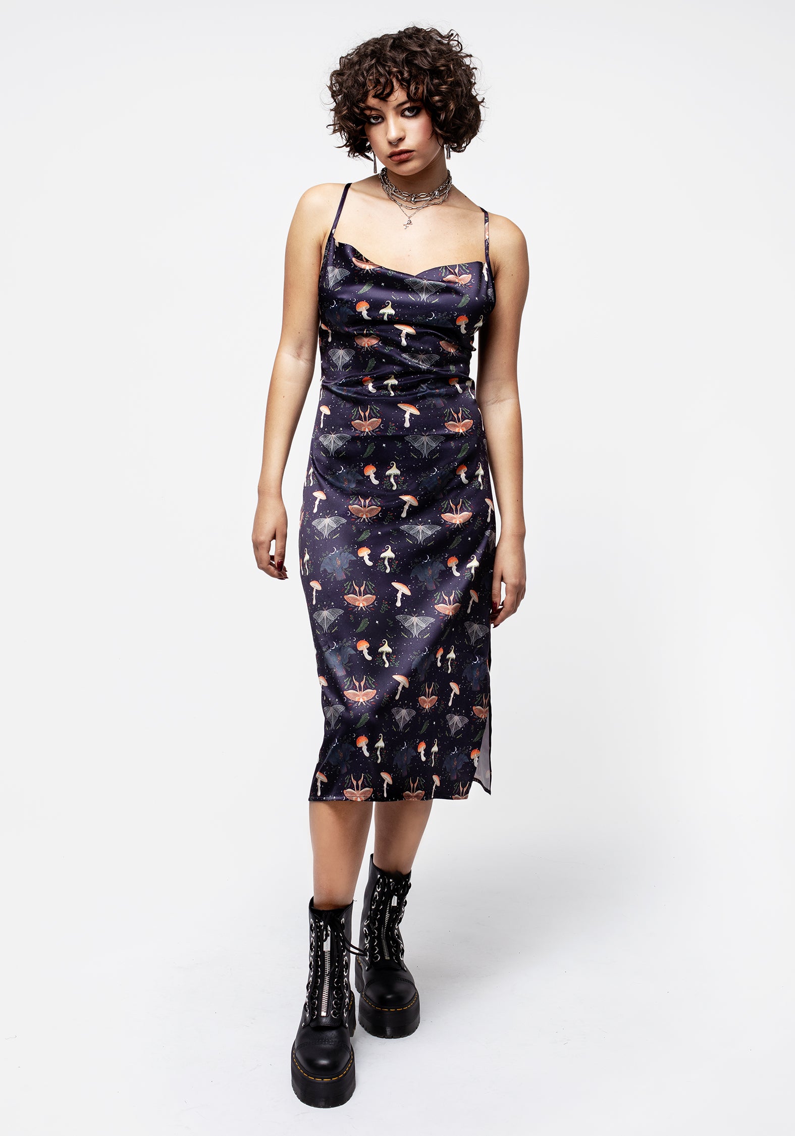 Disturbia Medeina Print Cowl Neck Satin Midi Slip Dress Dresses