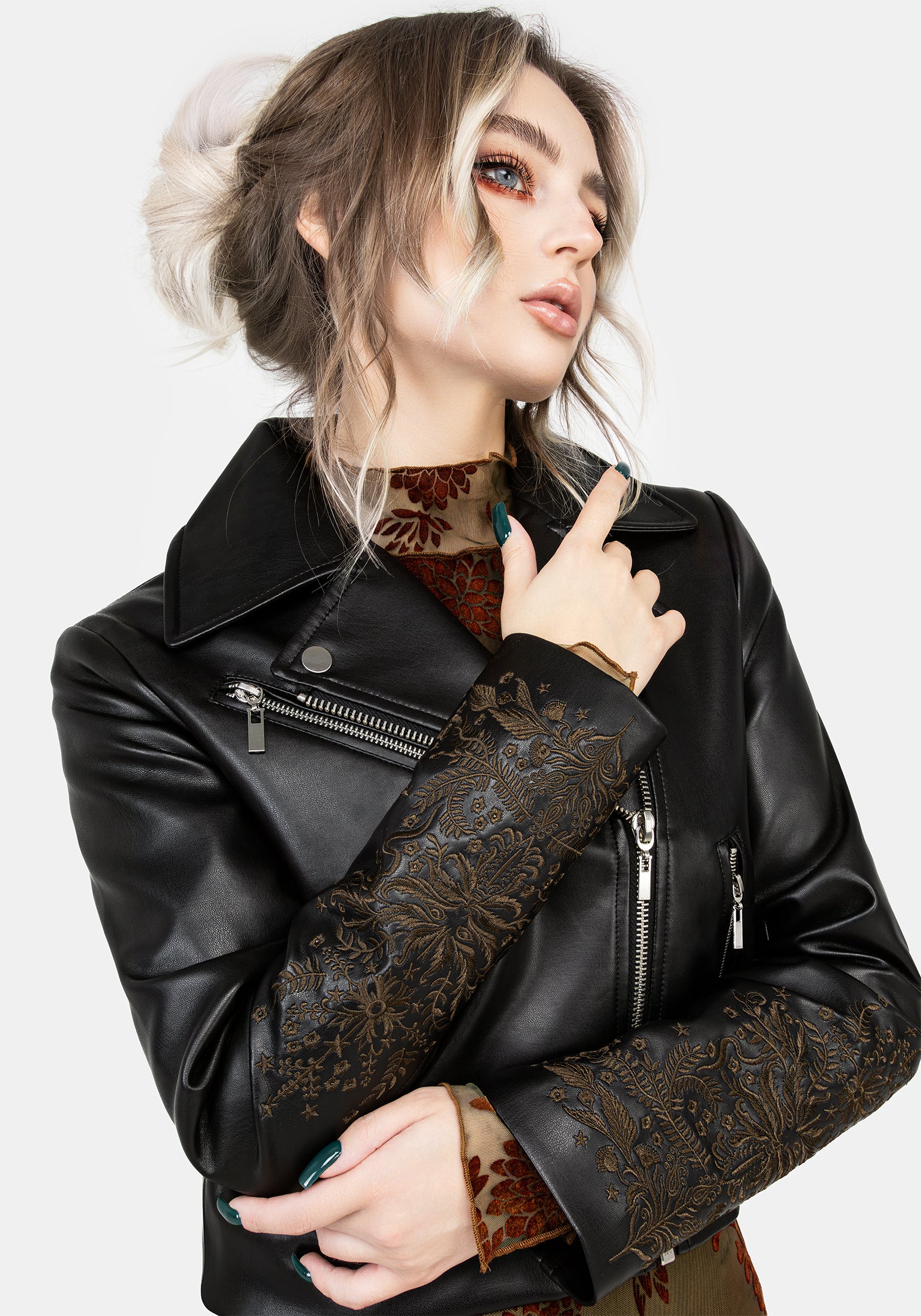 Disturbia | Vervain Embroidered Faux Leather Biker Jacket | Jackets