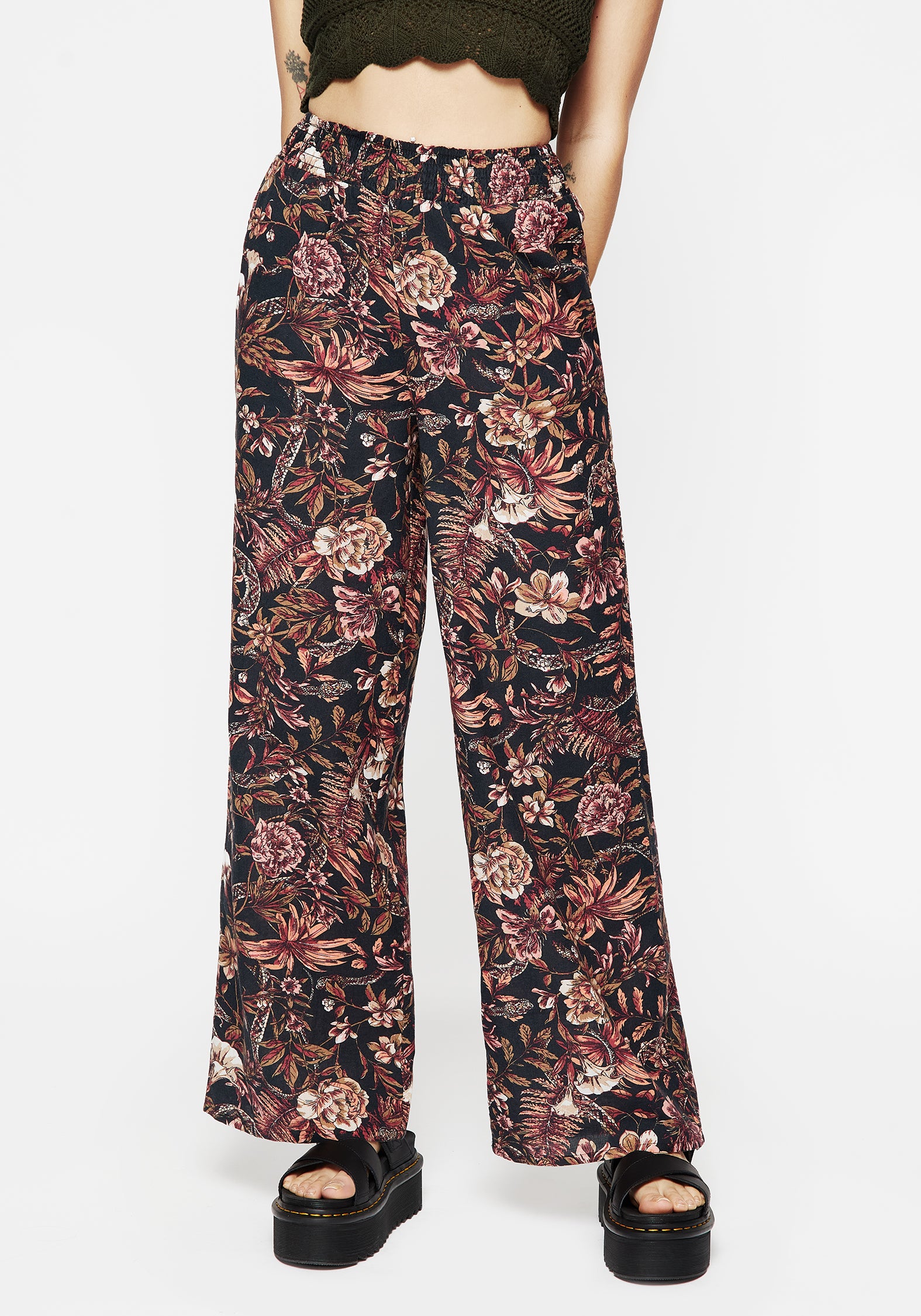 Disturbia Bashe Cotton Floral Snake Print Wide Leg Trousers Wide