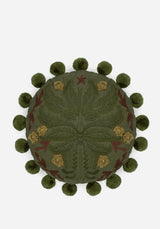 Foliate Embroidered Pom-Pom Round Cushion