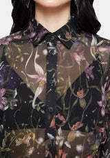 Elide Black Orchid Print Chiffon Blouse UK 10