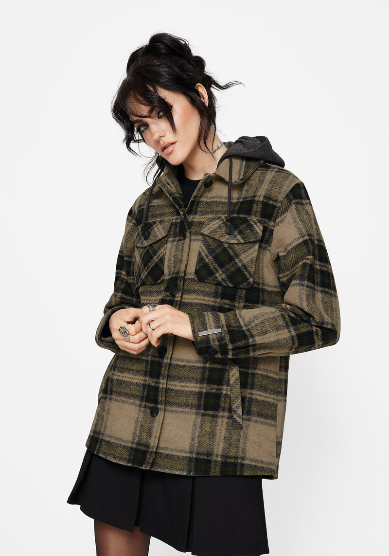 Trellis Hooded Pocket Check Shacket - Green