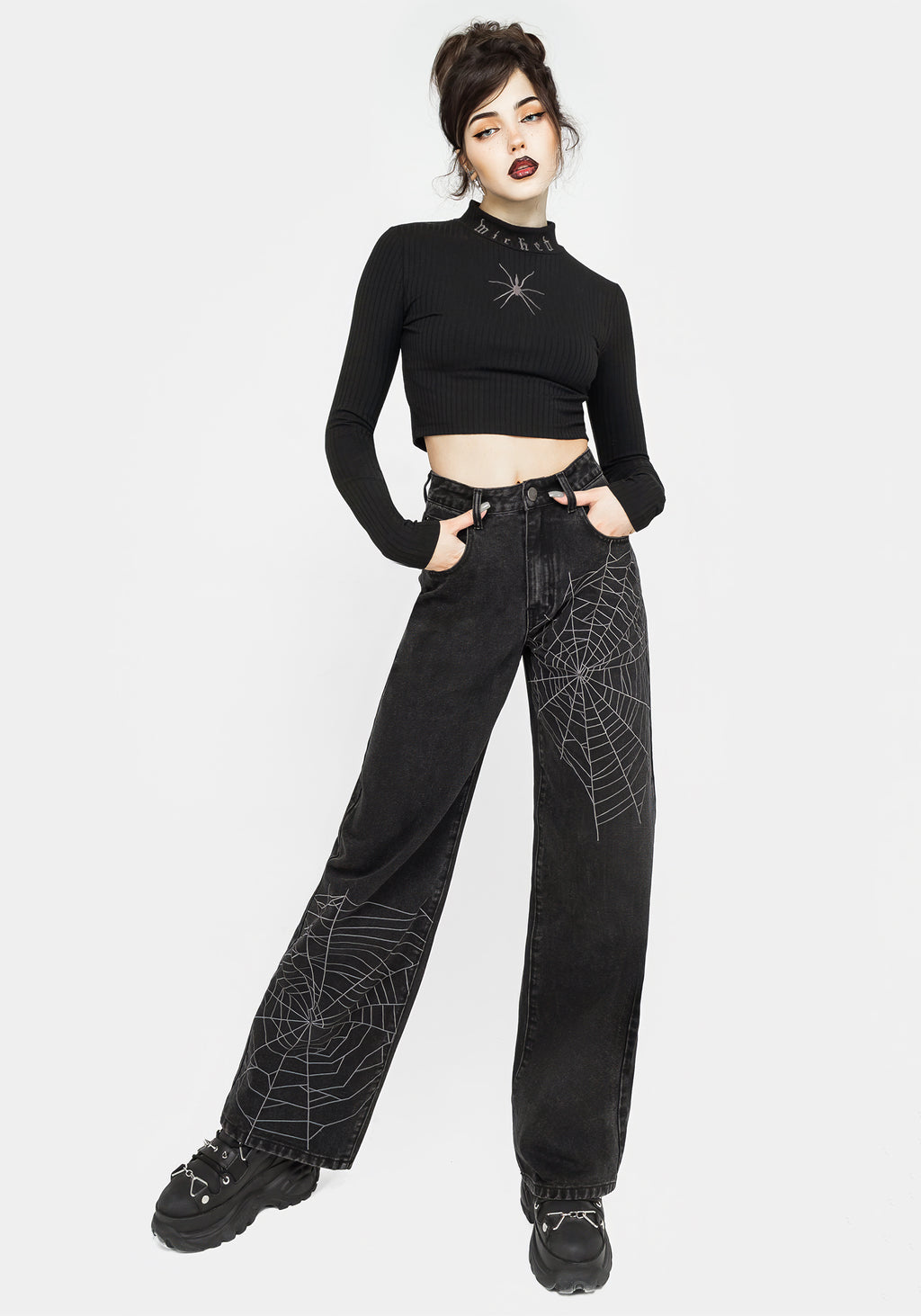 Tarantism Embroidered Wide Leg Jeans Disturbia tarantism-embroidered-wide-leg-jeans-disturbia