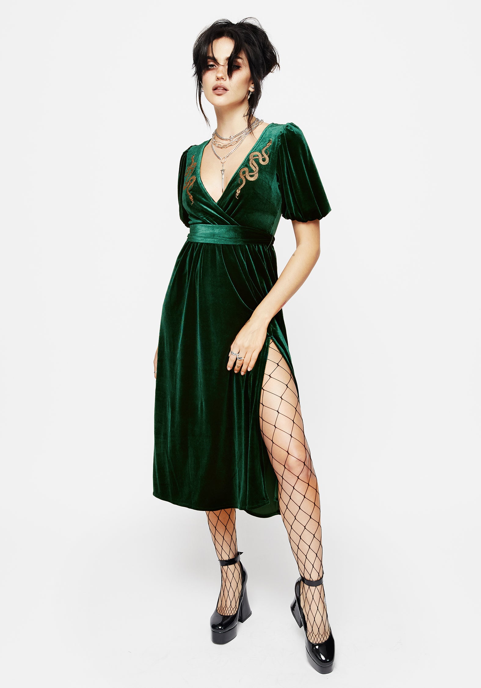 Zarina Velour Applique Midi Wrap Dress