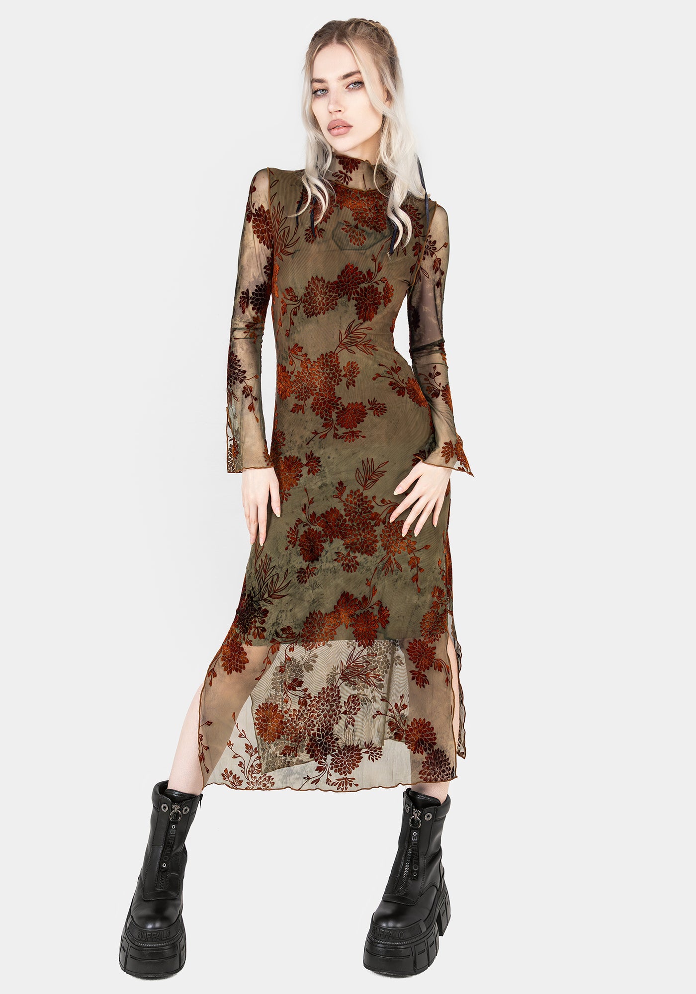 mesh dress uk Disturbia | Rosaleigh Flock Velour Mesh Midaxi Dress