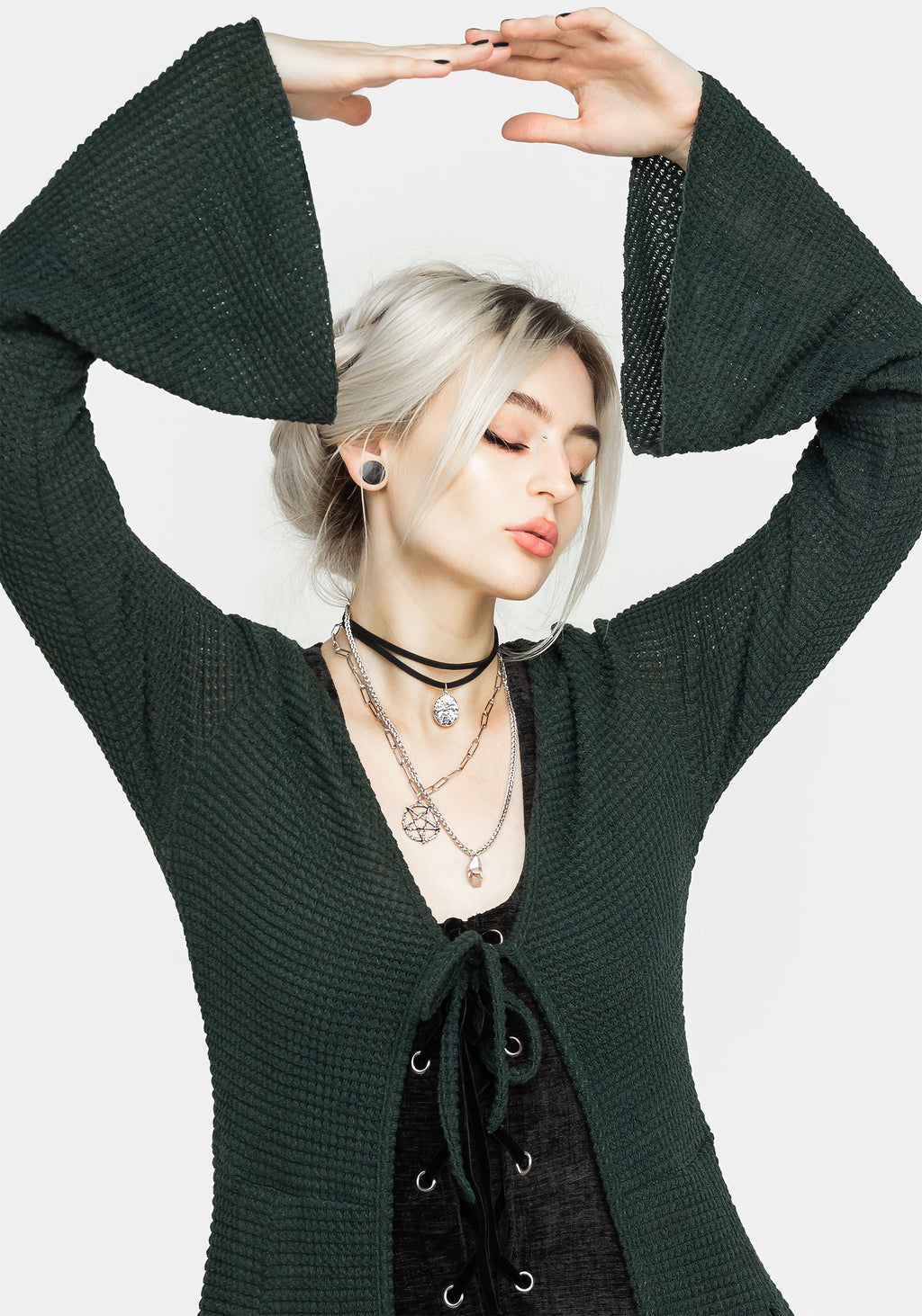 Disturbia | Xana Textured Tie Front Long Cardigan - Green | Cardigans