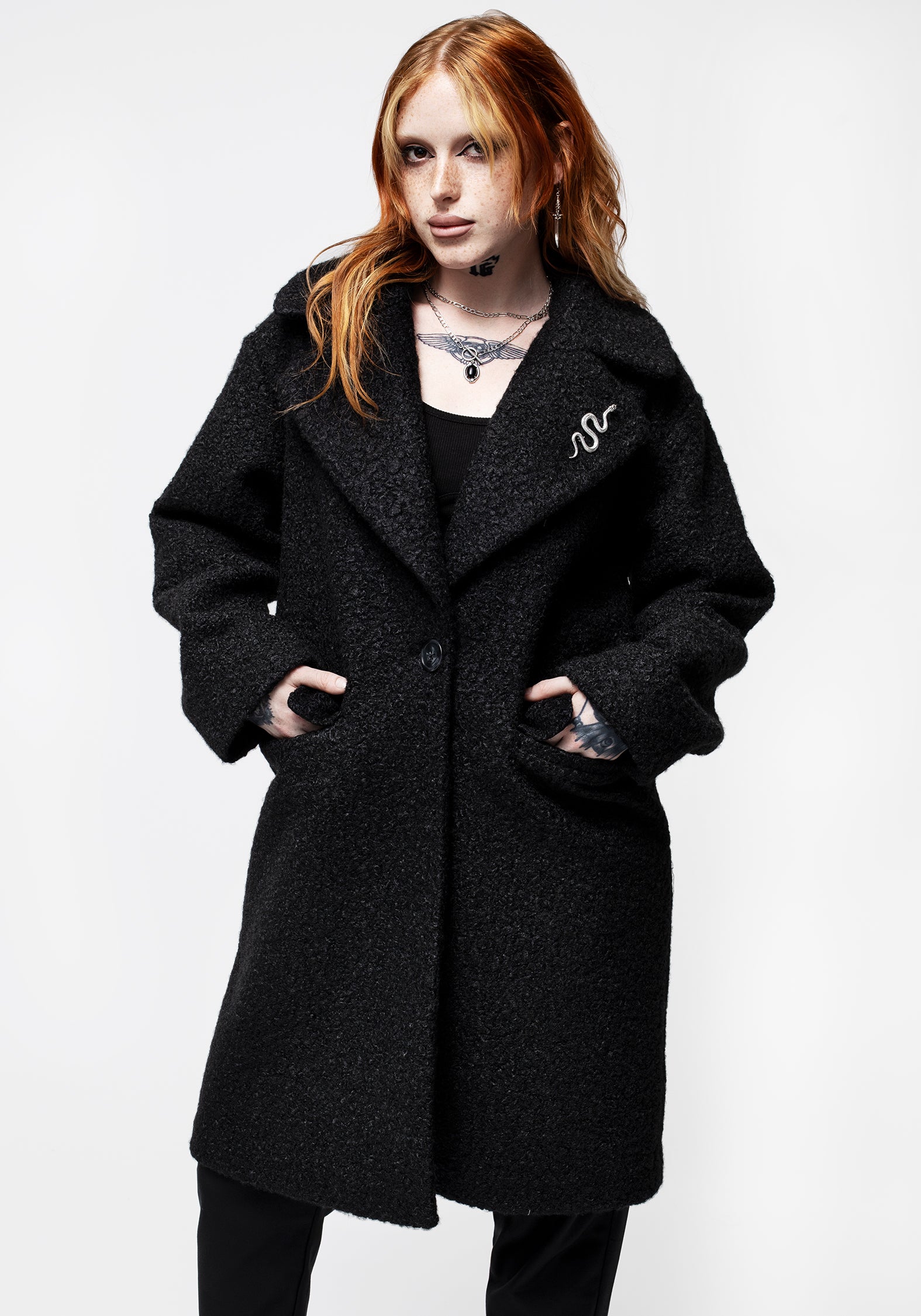 Disturbia | Gorgon Bouclé Oversized Coat with Snake Brooch - Black