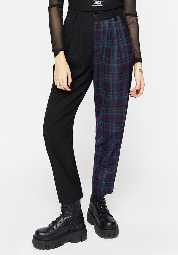 Stereo Spliced Check High Waist Tapered Trousers