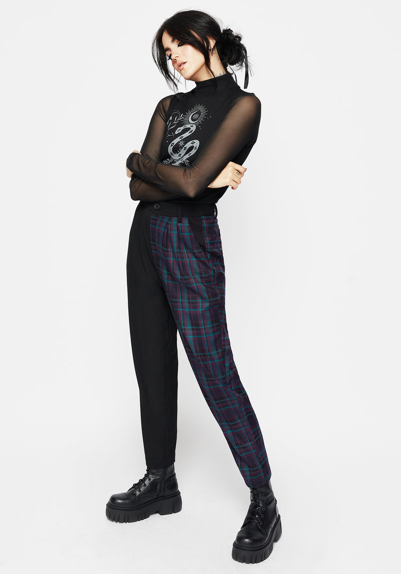 Stereo Spliced Check High Waist Tapered Trousers