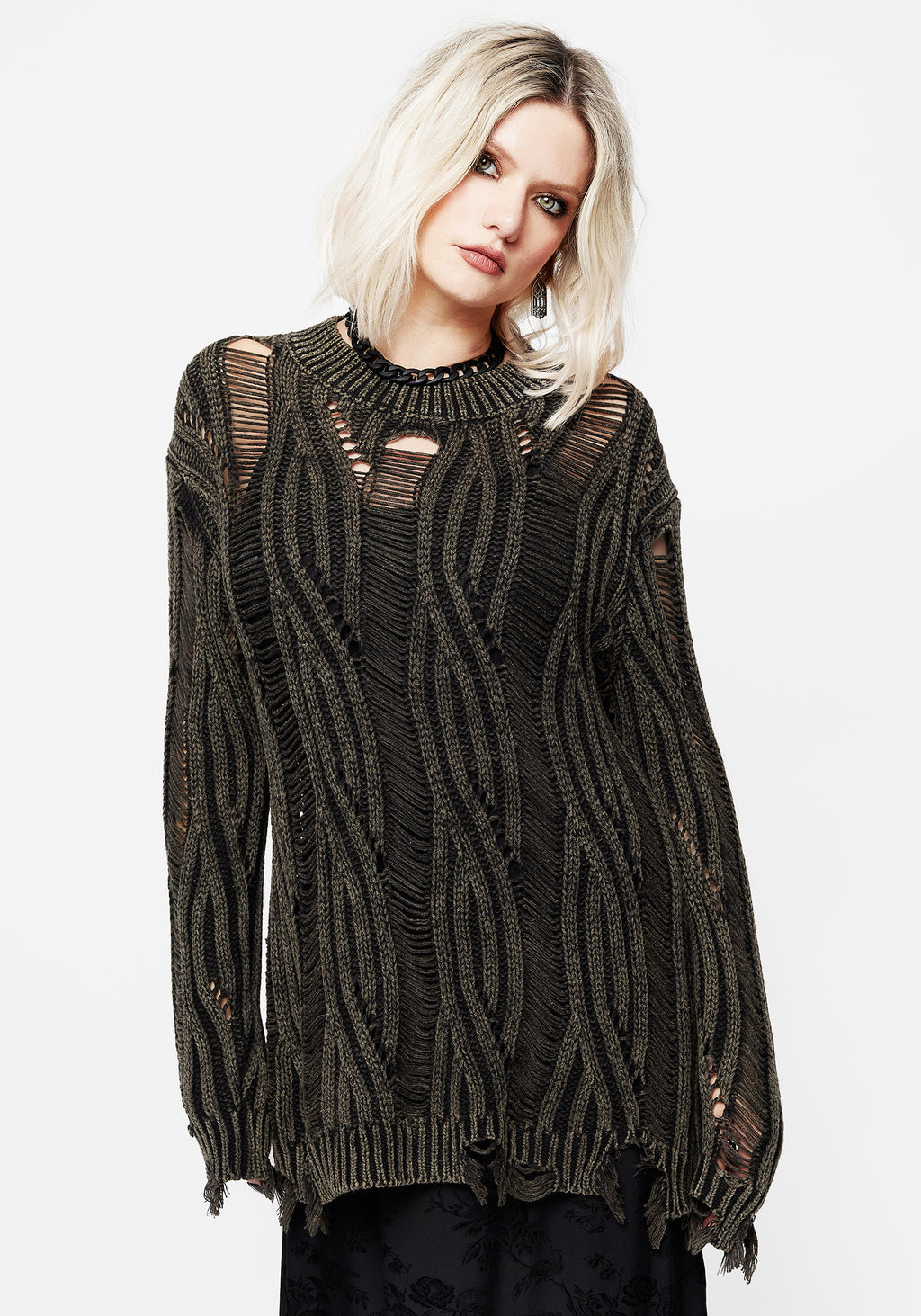 Distressed Knit Rave Disturbia | Granite Ladder Stitch Distressed Cable Knit Jumper | Jumpers