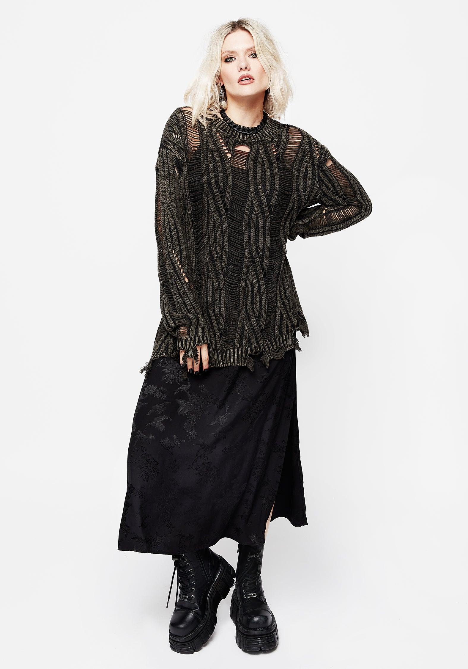 Disturbia | Granite Ladder Stitch Distressed Cable Knit Jumper | Jumpers
