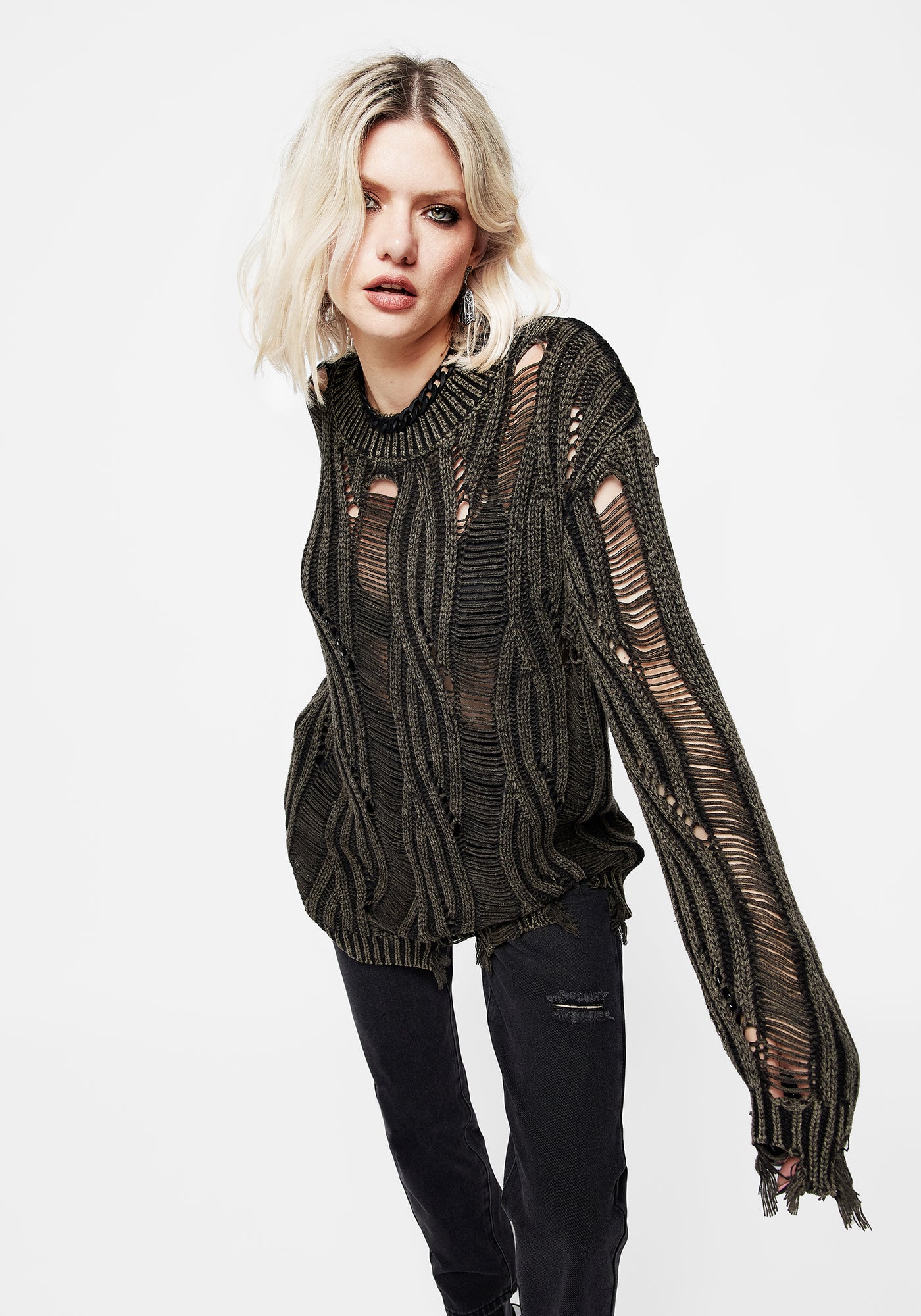 Disturbia | Granite Ladder Stitch Distressed Cable Knit Jumper