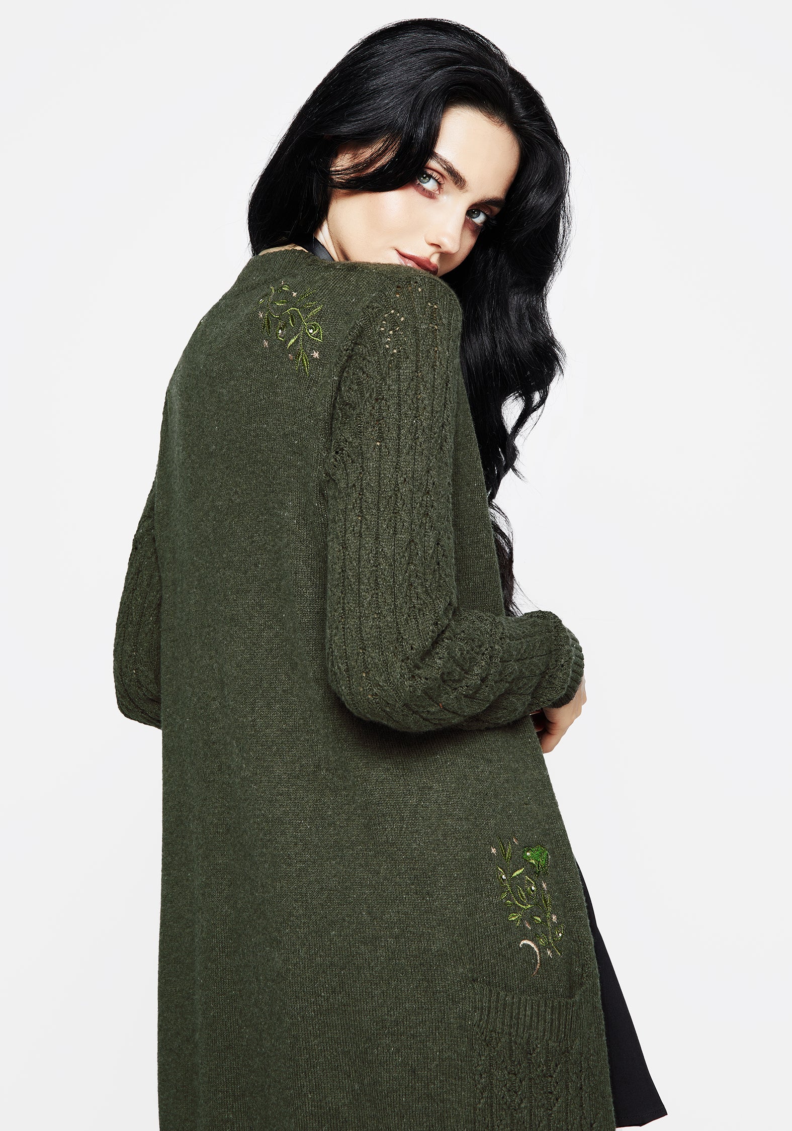 Disturbia | Swamplife Embroidered Cable Knit Longline Cardigan | Tops