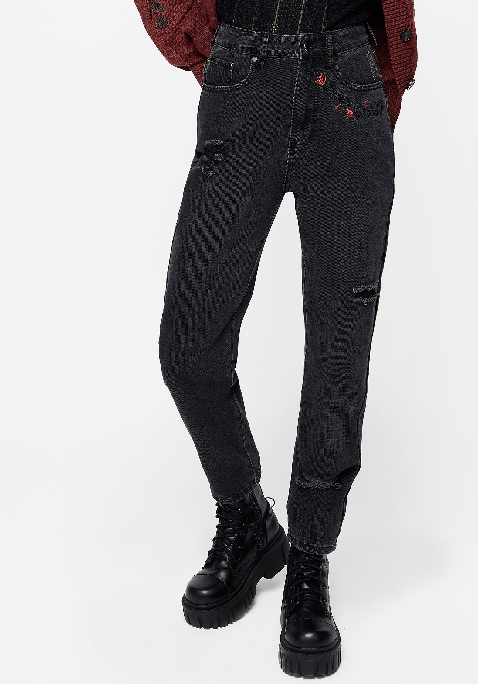 Disturbia | Foxfire Embroidered Distressed Mom Jeans | Jeans