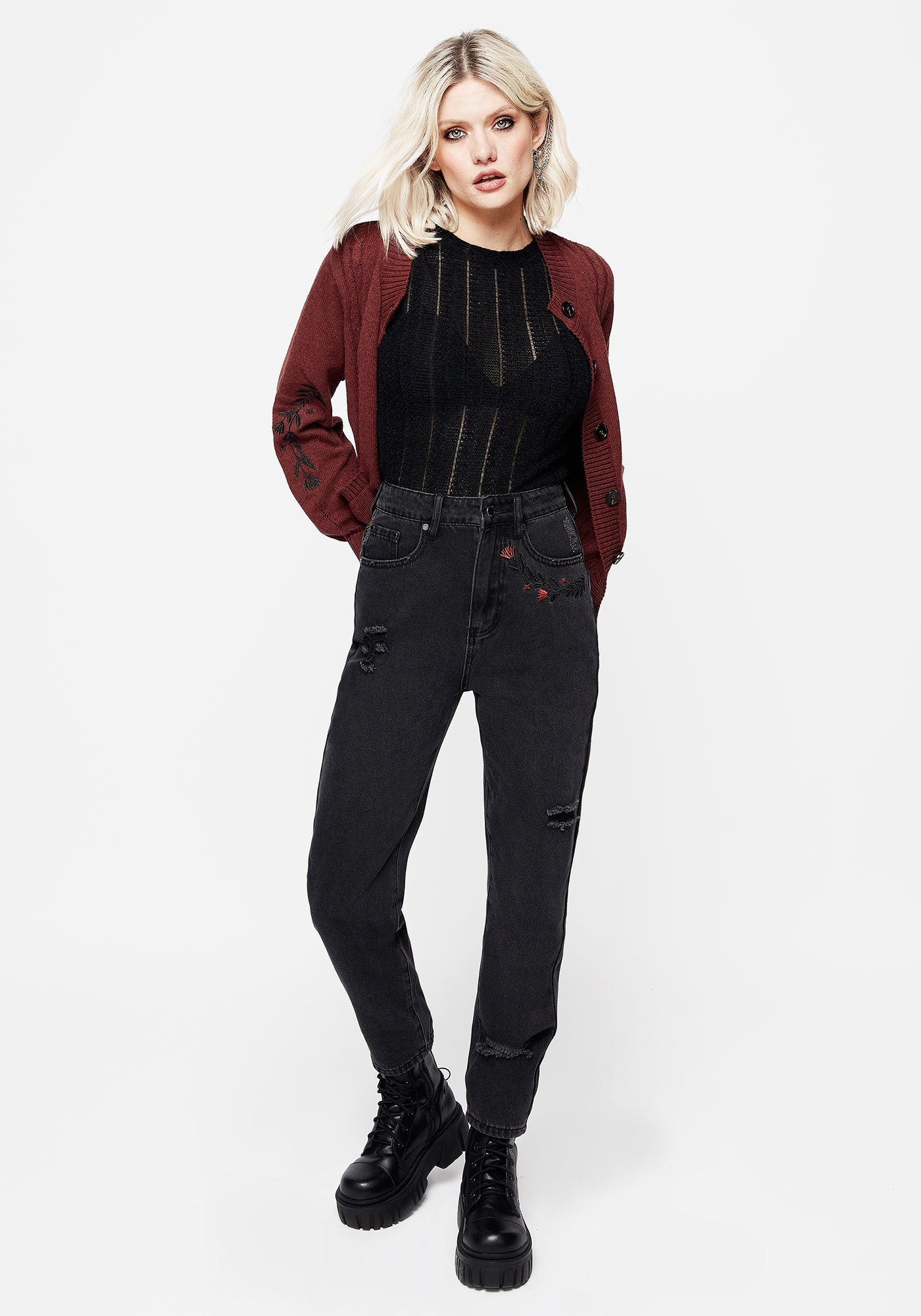 Disturbia | Foxfire Embroidered Distressed Mom Jeans | Jeans