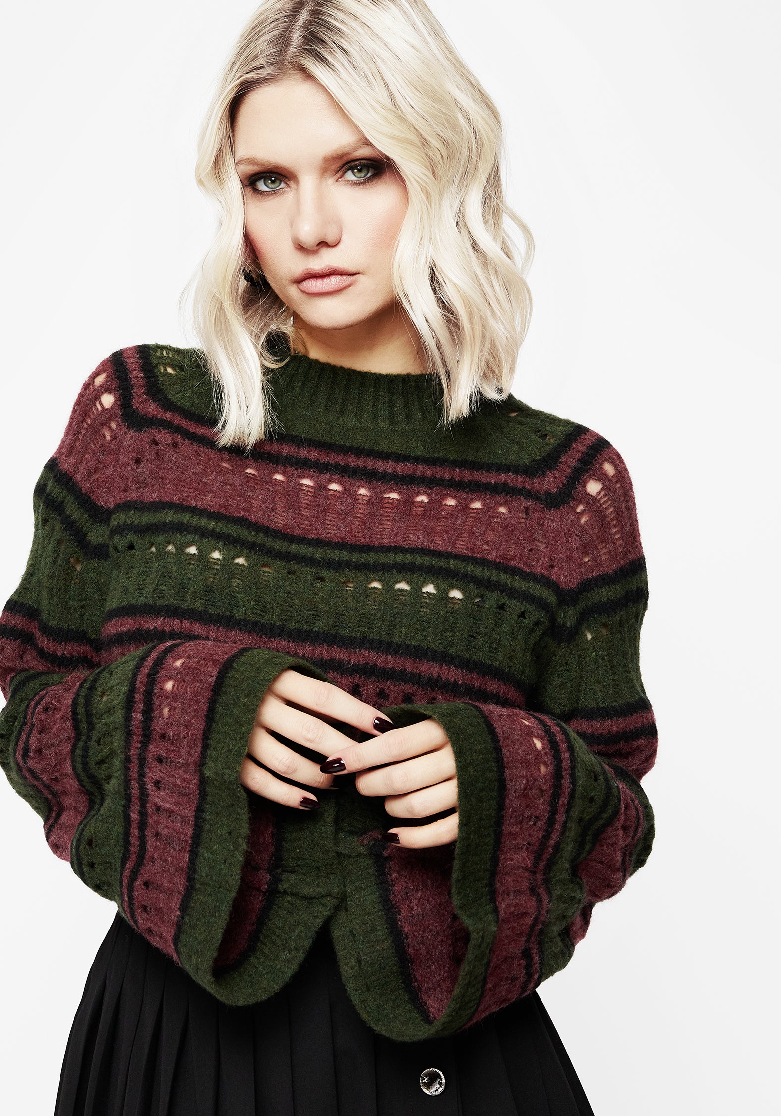 Disturbia Splinter Stripe Knit Flare Sleeve Crop Jumper Jumpers