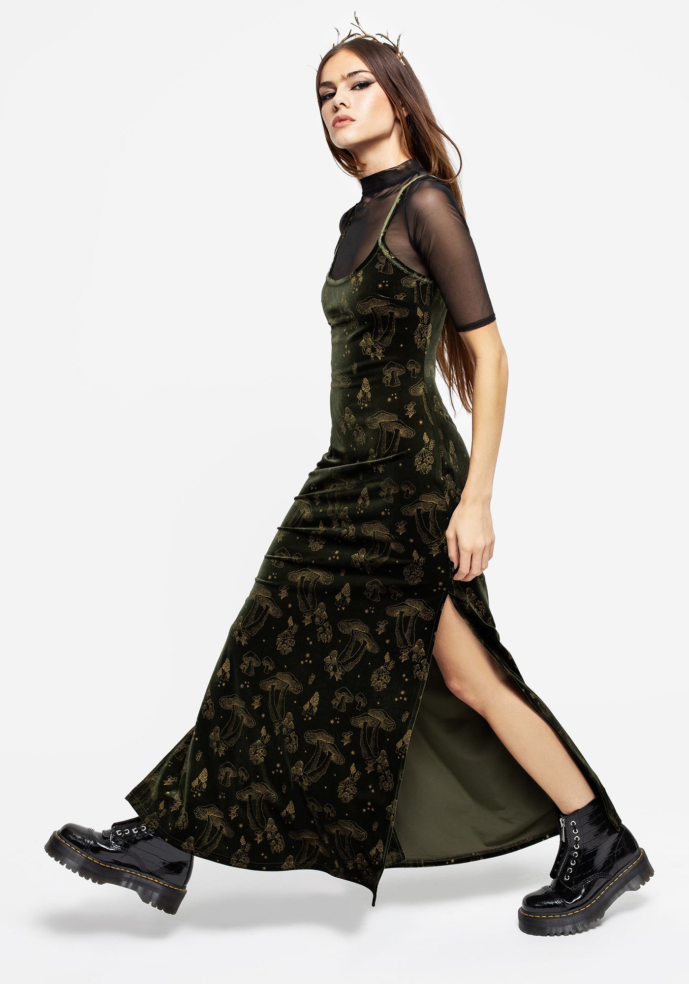 green emerald velvet dress Disturbia | Faefire Foil Print Velour Maxi Slip Gown - Green