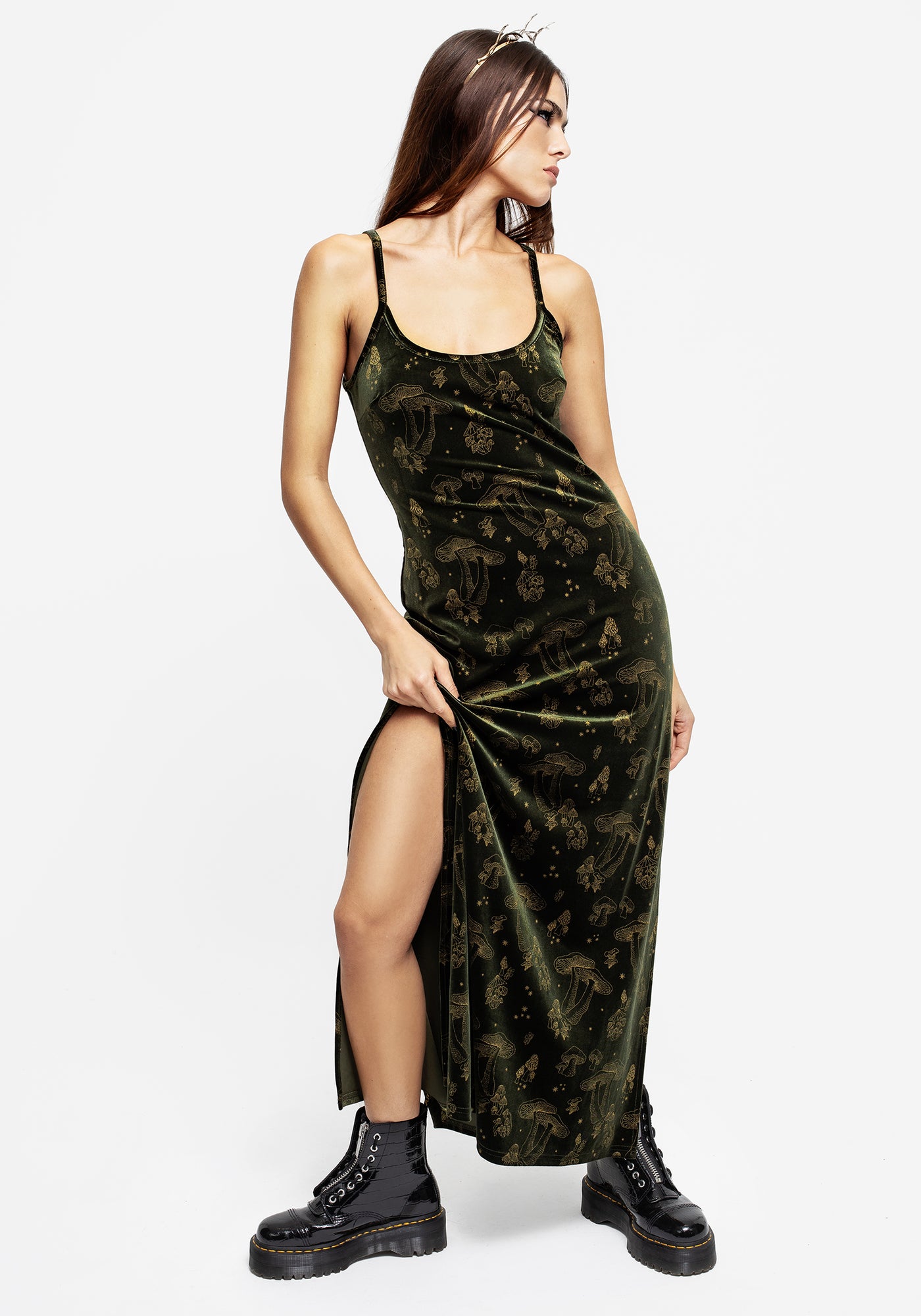 Disturbia | Faefire Foil Print Velour Maxi Slip Gown - Green