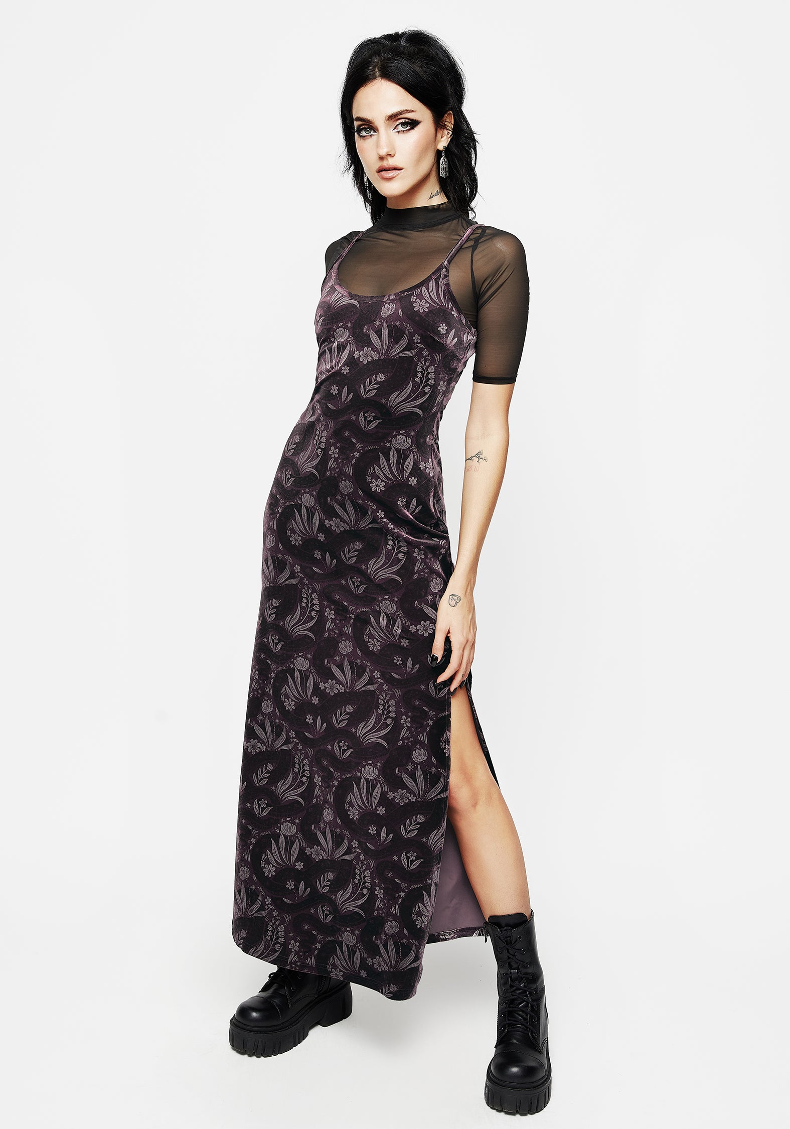 Disturbia | Deception Snake Foil Print Velour Maxi Slip Gown | Dresses