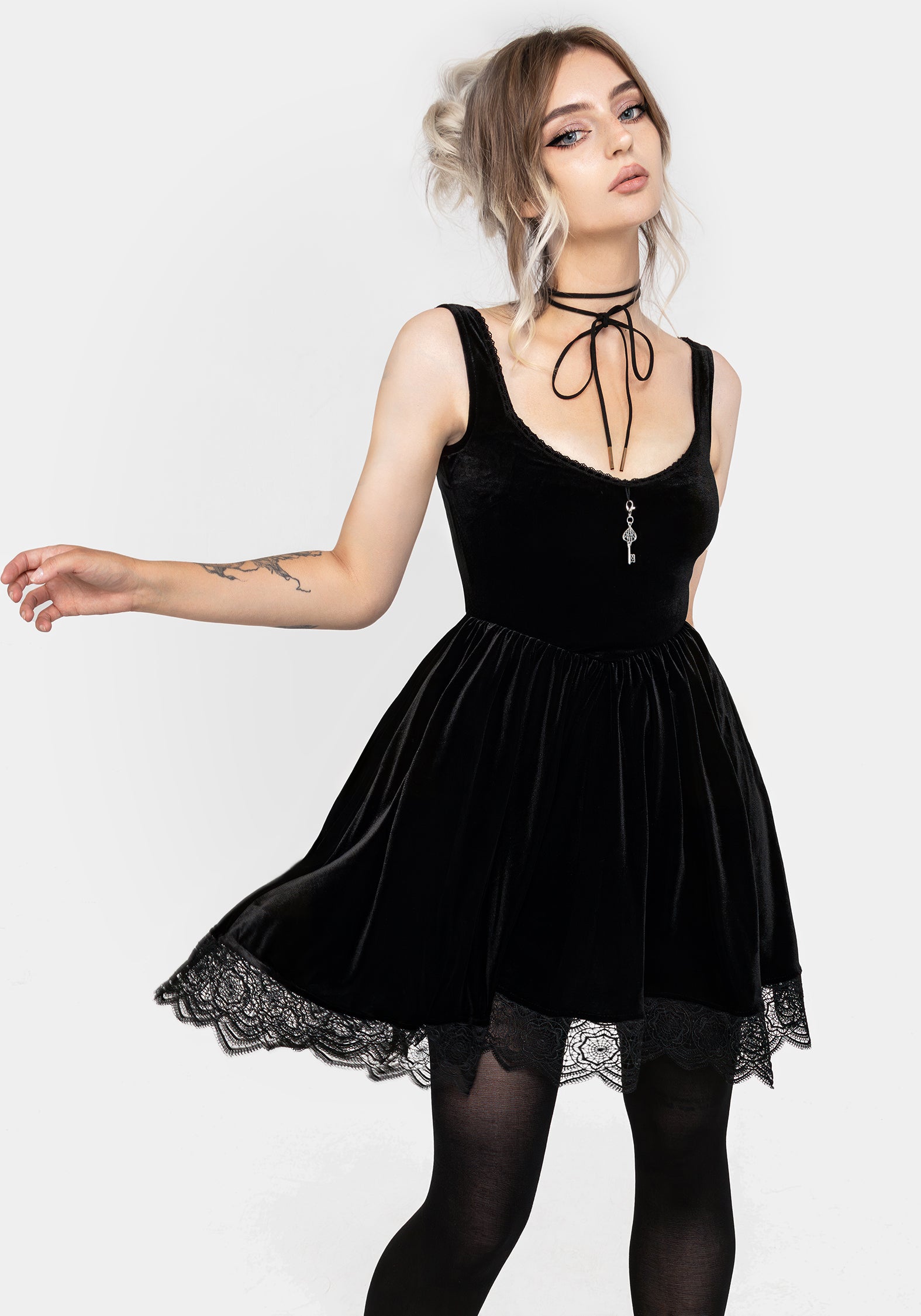 Disturbia | Orbweb Lace Hem Velour Mini Dress | Dresses
