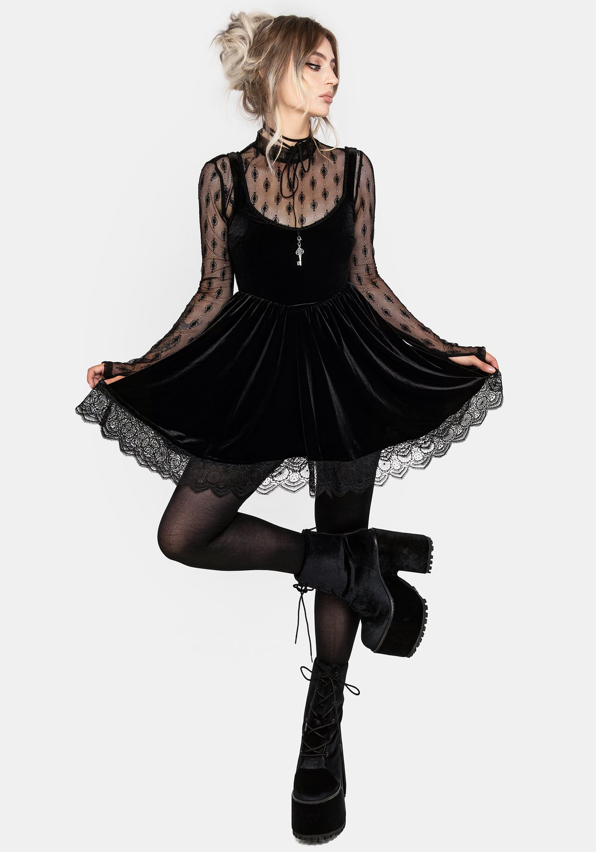 slim fit dress slacks Black with Red Punk/Grunge Dress / Female Weaving Knit Dress with Pentagram on A Collar