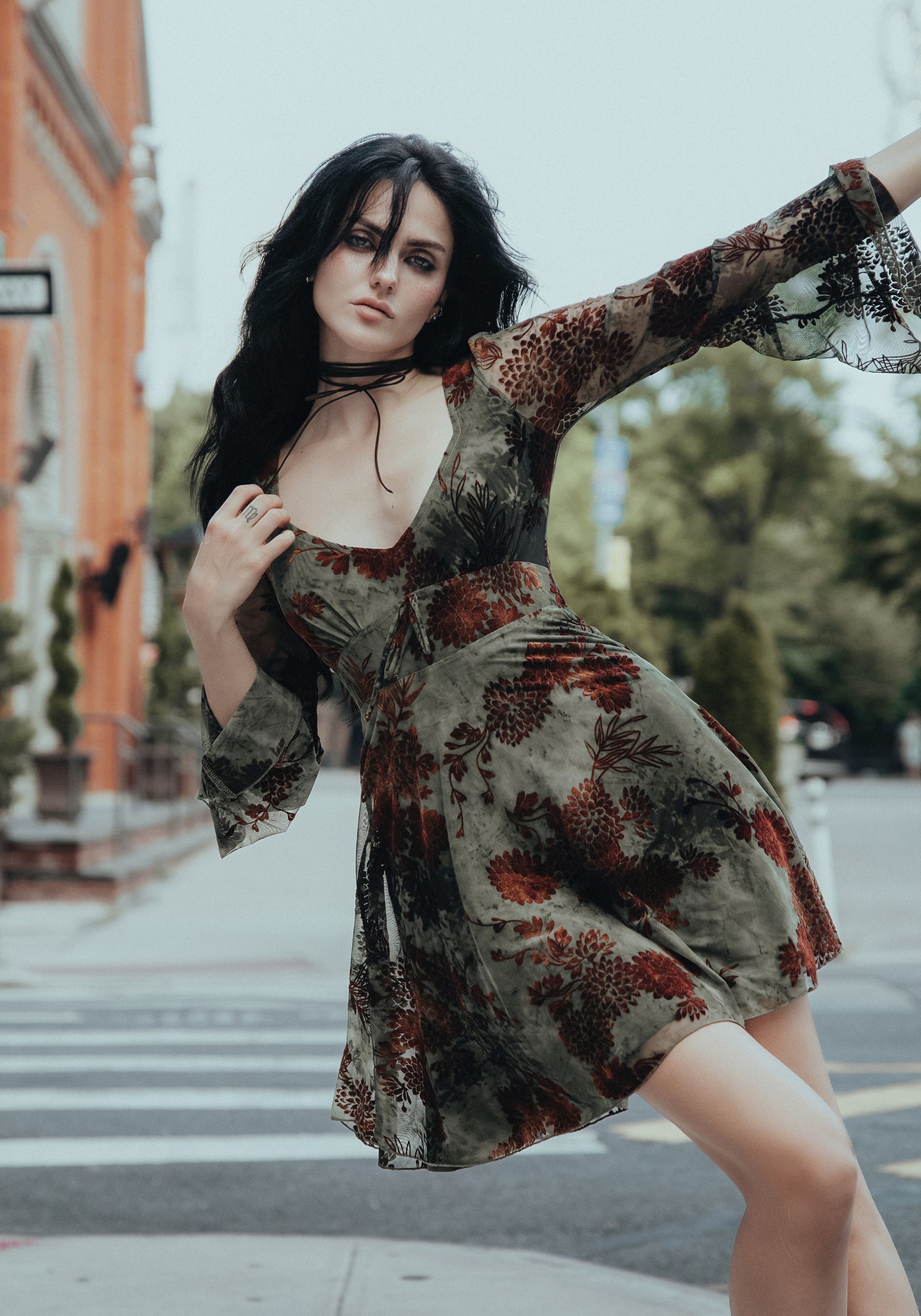 Disturbia | Rosaleigh Flock Velour Mesh Flare Sleeve Mini Dress