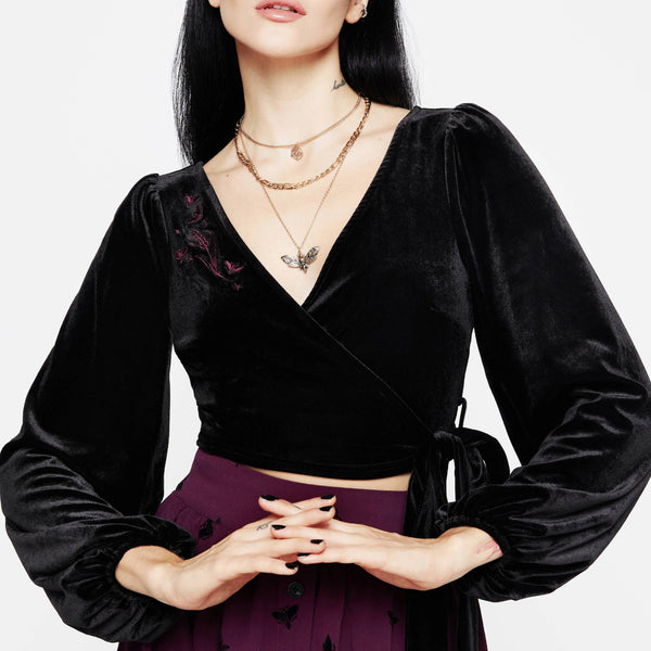 Disturbia | Styx Moth Embroidered Velour Wrap Top | Tops