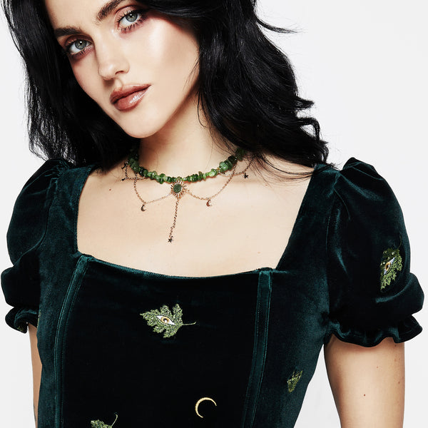 Disturbia | Swamplife Frog Embroidered Velour Puff Sleeve Corset