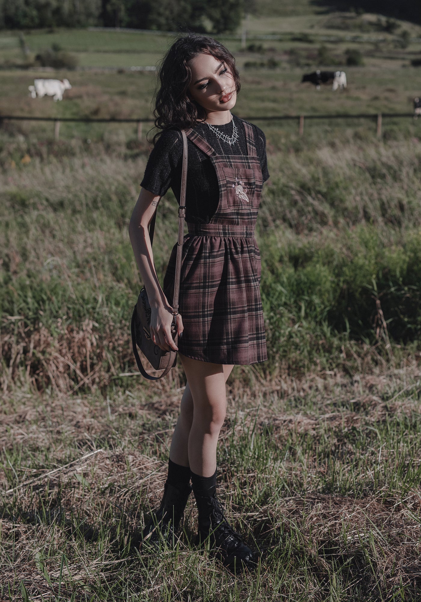 Disturbia Hickory Embroidered Check Mini Pinafore Dress Dresses