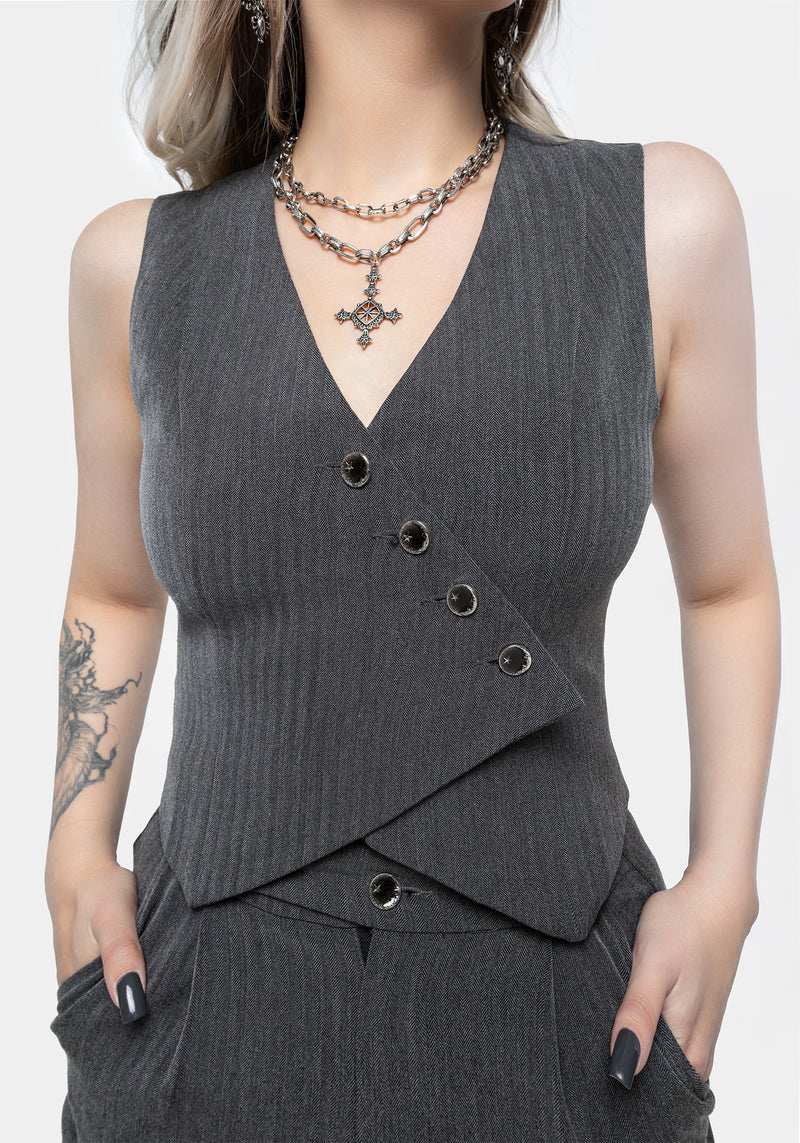 Disturbia Moonage Herringbone Asymmetric Waistcoat Grey