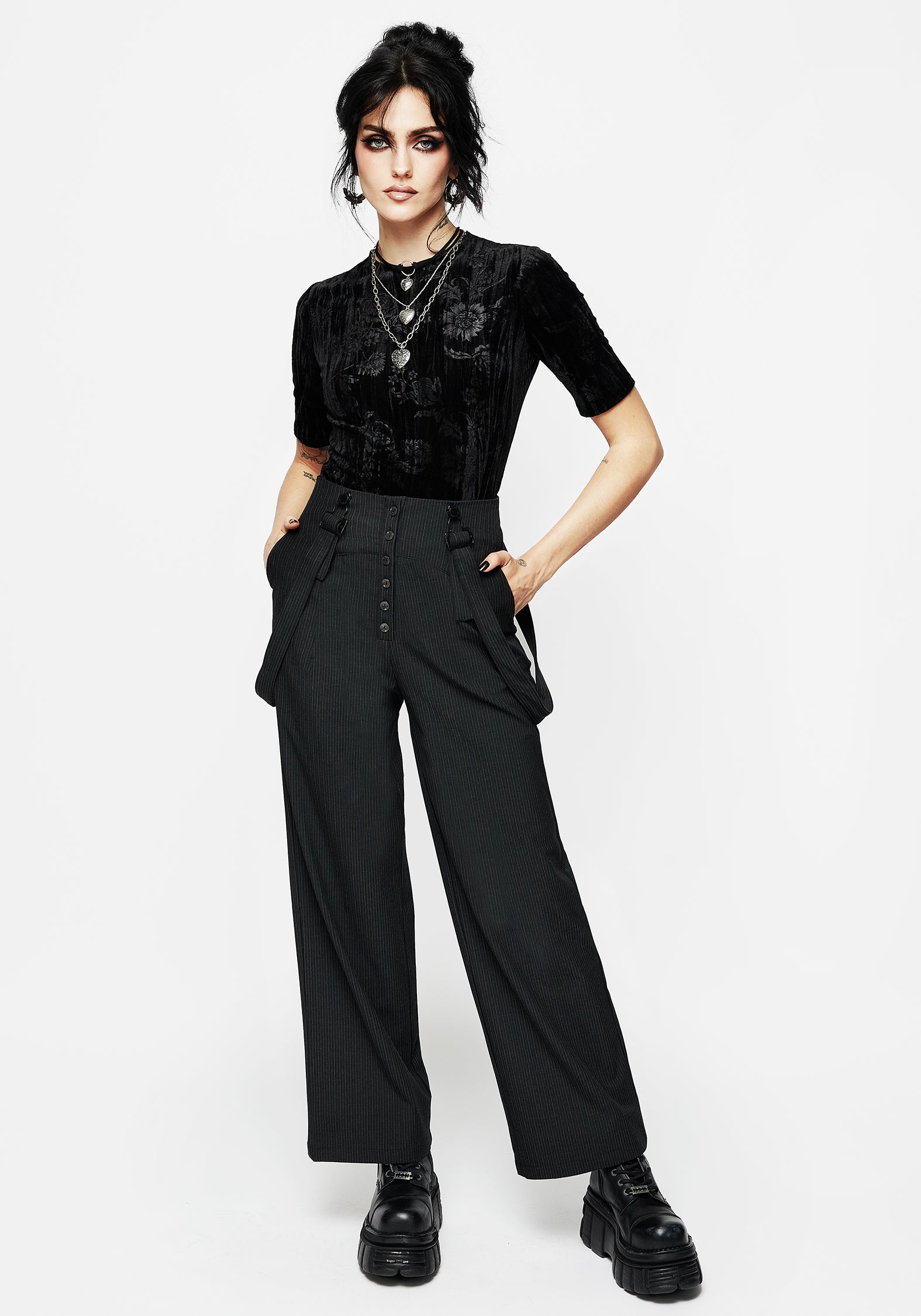 Disturbia | Tilda High Waist Wide Leg Pinstripe Suspender Trousers