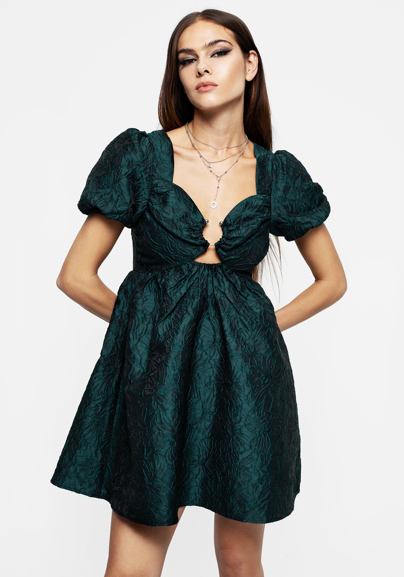 Disturbia | Tiffany Jacquard Puff Sleeve Mini Dress - Green | Dresses