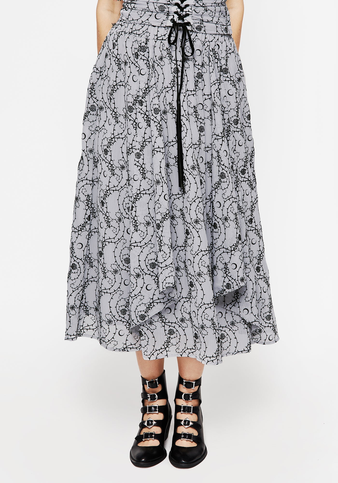 Disturbia | Rosethorn Flocked Velour Chiffon Ruffle Midi Skirt