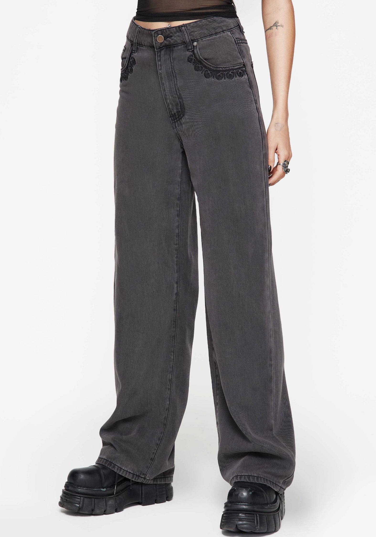 Distressed Embroid Nara Wide Leg Distressed Gothic Embroidery Jeans – Disturbia