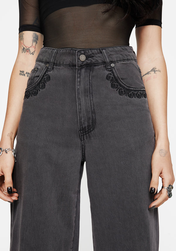 Nara Wide Leg Distressed Gothic Embroidery Jeans
